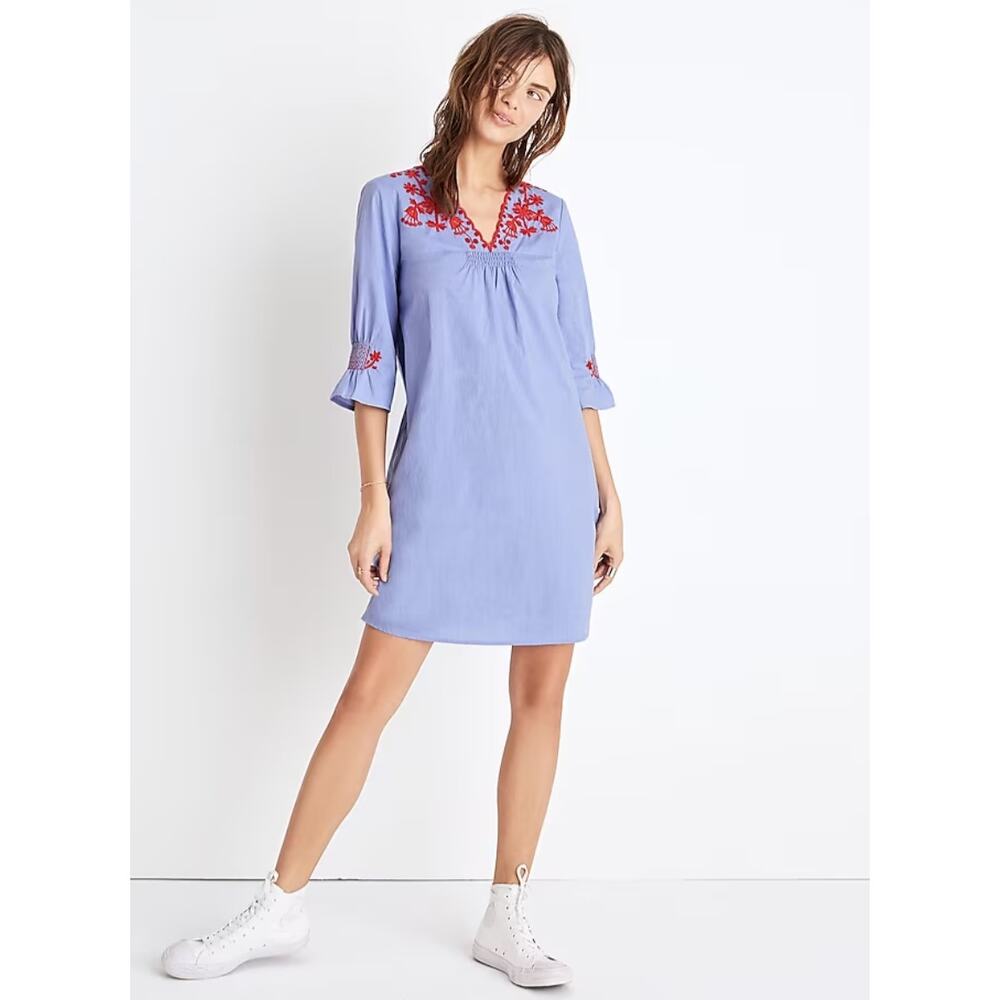 Madewell Embroidered Summer Breeze Dress Blue Red Peasant Women's XXS Cottage